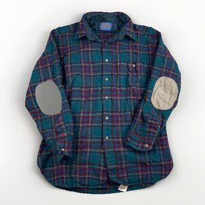 Vtg Pendleton Shirt Mens Large Plaid Wool Flannel USA Elbow Pads Wool Read*
